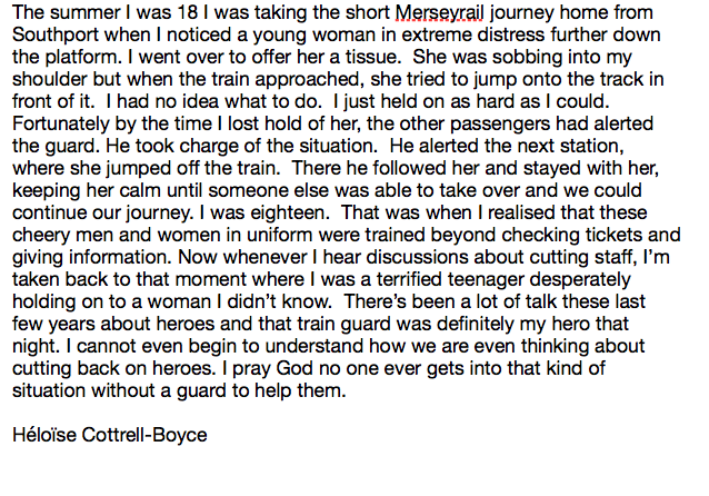 If you're inconvenienced by the RMT strike please read this letter written by my daughter about the time a train guard made all the difference in the world to her.