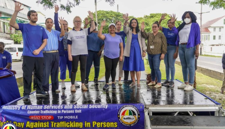 Today is World Day Against Trafficking in Persons. 

@UNGuyana joined impressive walk and rally with partners led by @aryaaligy & Min. Persaud.   

New hand signal to report distress joins hotline number +592-STOP. 

#EndHumanTrafficking