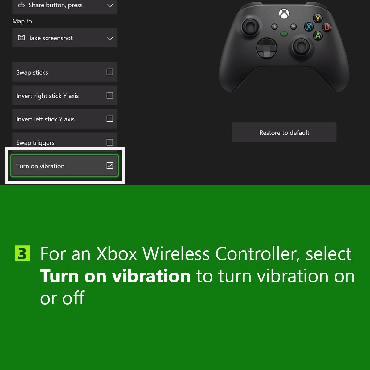 Occasionally, we have to ask: Controller Vibration -
Like for ON
RT for OFF

Tell us why that lets you game at your best below and learn how to toggle vibration on or off: msft.it/6012jHDOK