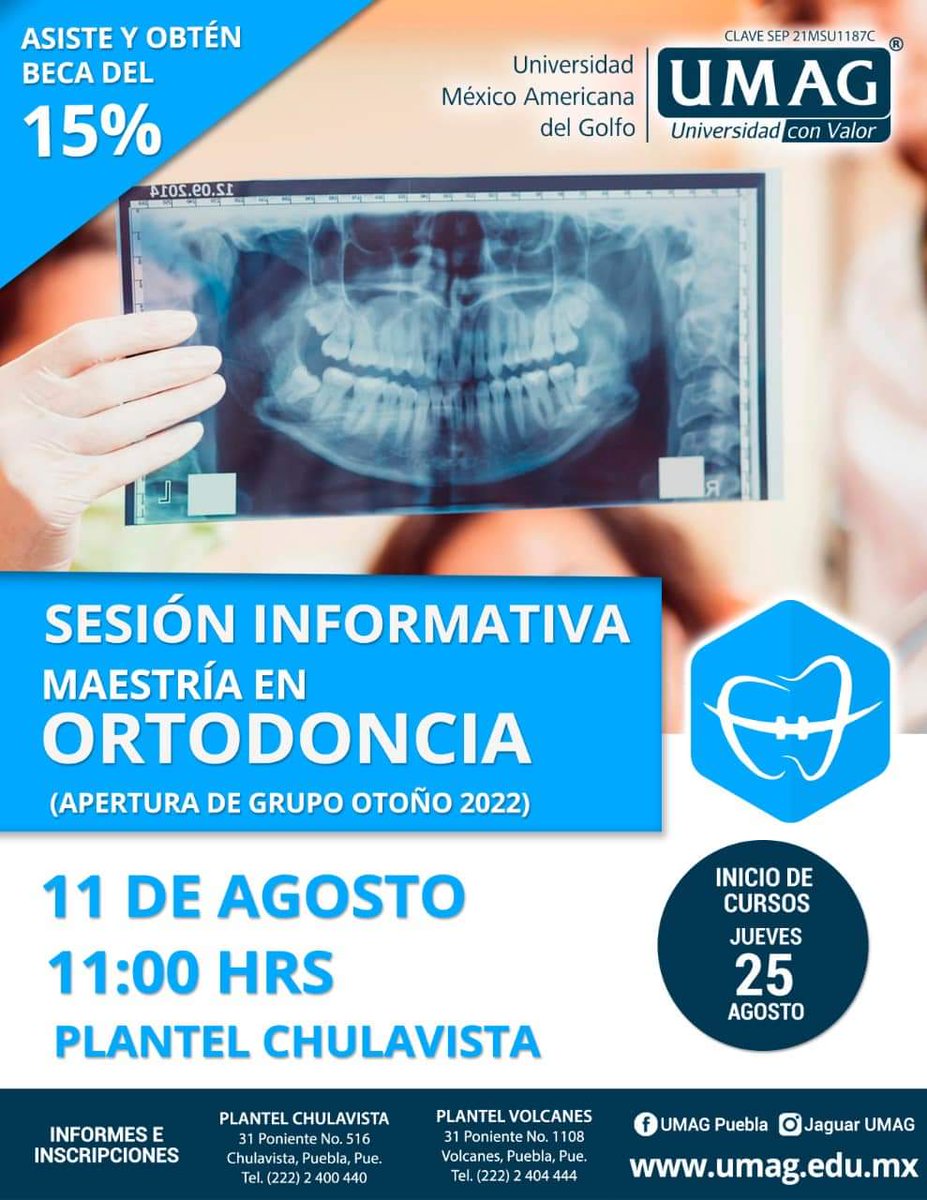 📢#MaestríasUMAG || ¡Actualízate con este programa en Ortodoncia🥇🦷que tenemos para ti!

¿Quieres saber más? 🔍🔍
Asiste, sesión informativa y recibe beca de 1️⃣5️⃣%

WhatsApp UMAG: 📱+52 221 186 8685

🧑🏻‍💻👨‍💻Pre-regístrate SIN COSTO: forms.gle/Mr9XSet5JcdvEK…

#laUMAGteAcompañaAlÉxito
