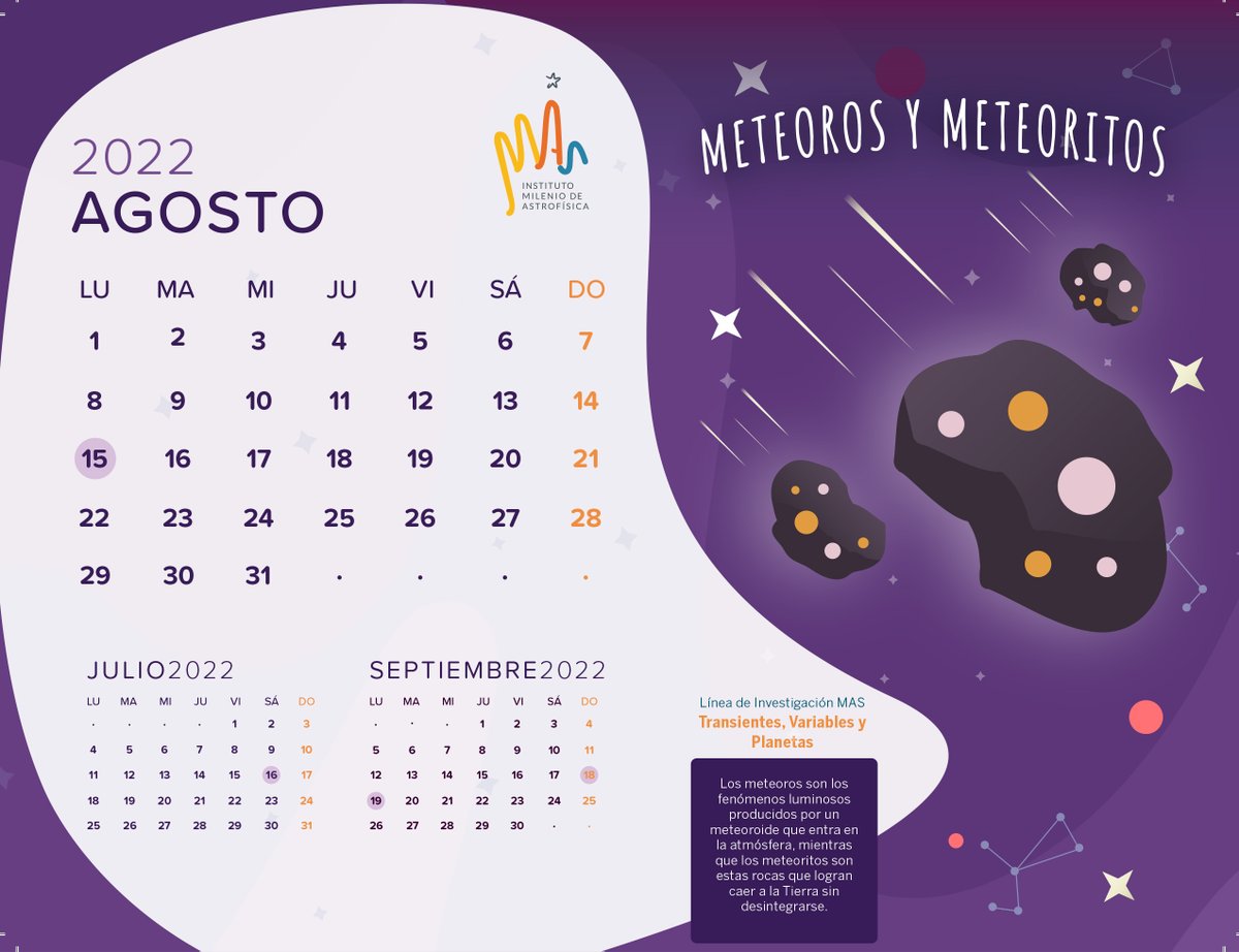 astrofisicaMAS's tweet photo. ¿Puedes creer que ya llegó agosto? Recibamos este nuevo mes aprendiendo sobre #meteoritos en nuestro #CalendarioMAS En @astrofisicamas los estudiamos a través de la línea de investigación #Transientes, #Variables y #Planetas al que pertenecen dos importantes proyectos del MAS 🧵 https://t.co/HLjyHR9AcH