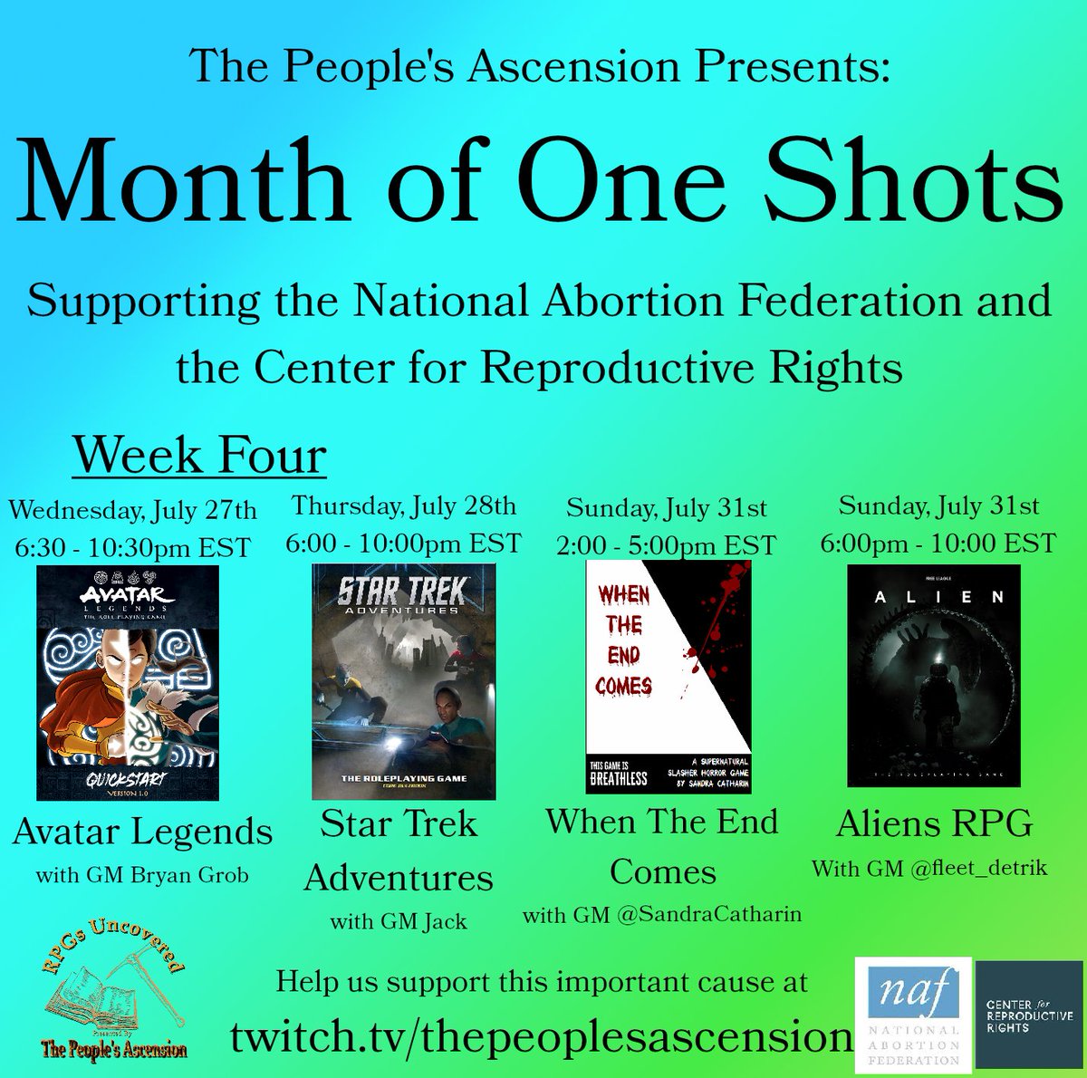 RPGsUncovered's tweet photo. Tomorrow's the last day of our #MonthofOneShots #charity drive. We'll be ending strong with a horror double feature of @SandraCatharin's When The End Comes and @FreeLeaguePub's Alien RPG!
Join us tomorrow starting at 2pm est on https://t.co/GLeYa89RPO!
#ttrpg #alien #horror https://t.co/5au6YMSr3E