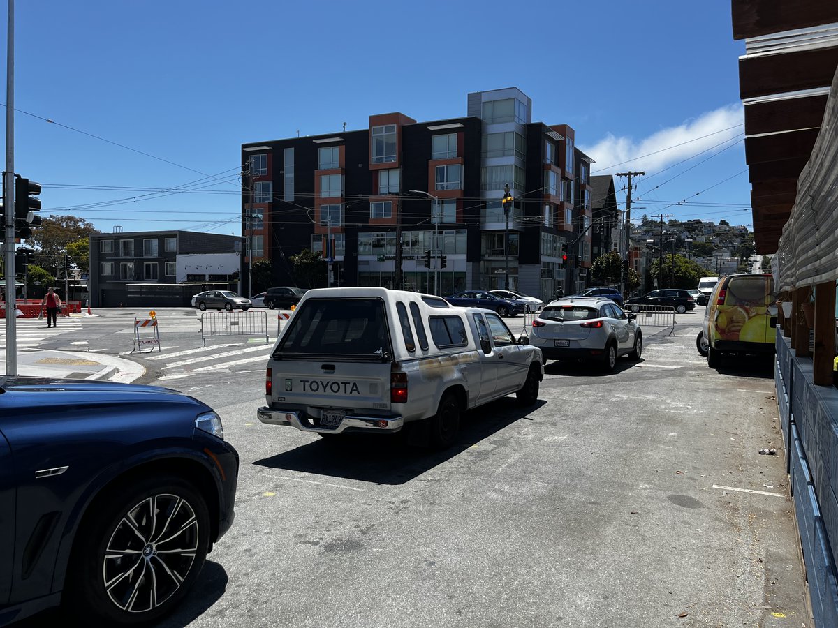 In just 3 minutes wednesday I watched 10 drivers ignore 2 "ROAD CLOSED" + a detour sign and drive the wrong way down my street into the farmers market while it was setting up 

With the road closed they queued up at Market until a worker moved a barricade for them. <a href="/VisionZeroSF/">Vision Zero SF</a>