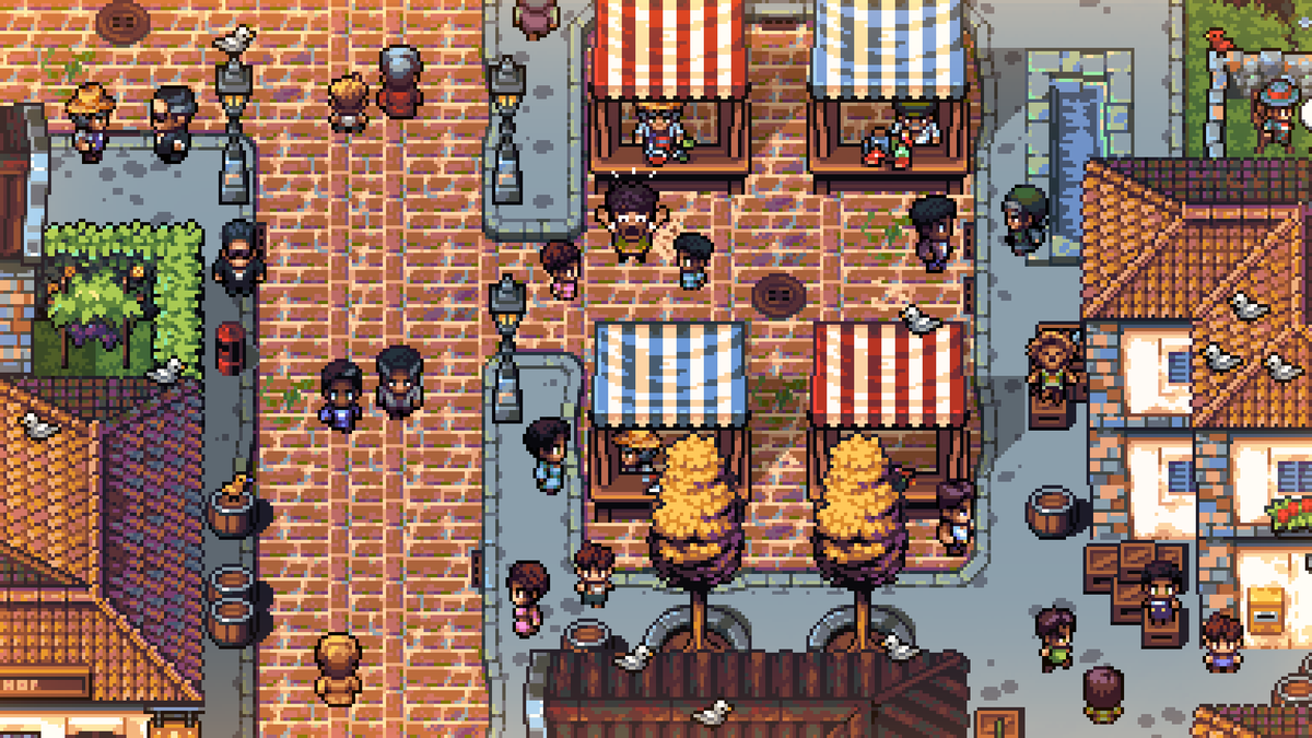 In the bustlin' town of Akos, you never know who or what you'll find! 

When you start Ben's chapter you'll be able to explore this vibrant and sometimes chaotic town!

#screenshotsaturday #pixelart #QuartetRPG