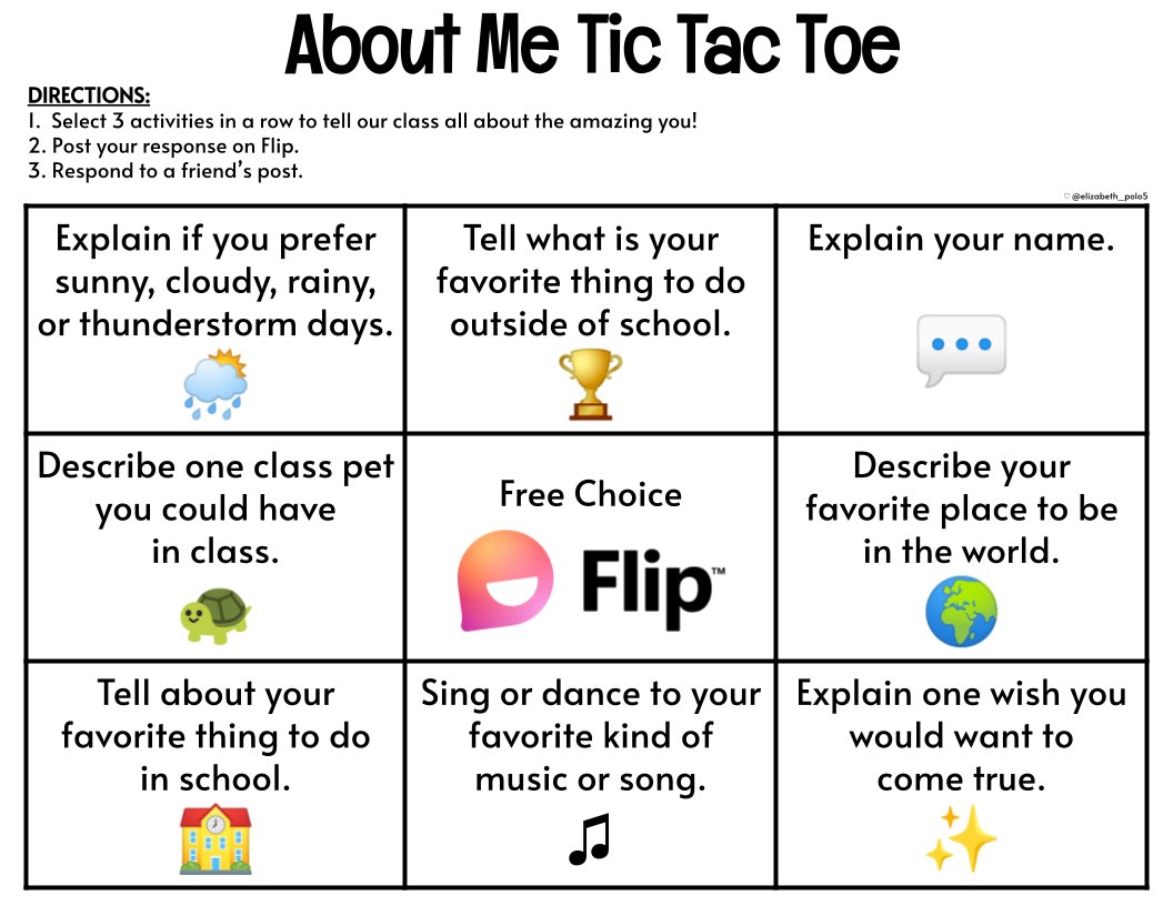 Need a #backtoschool activity? Check out @<a href="/elizabeth_polo5/">Elizabeth Polo 🔜 #MicrosoftCertifiedCoach</a>  About Me Tic Tac Toe game! You just invite students to select three prompts and start making connections! 

bit.ly/3bdBeek <a href="/microsoftflip/">Flip</a>
#edtech #teachertwitter #learning #k12