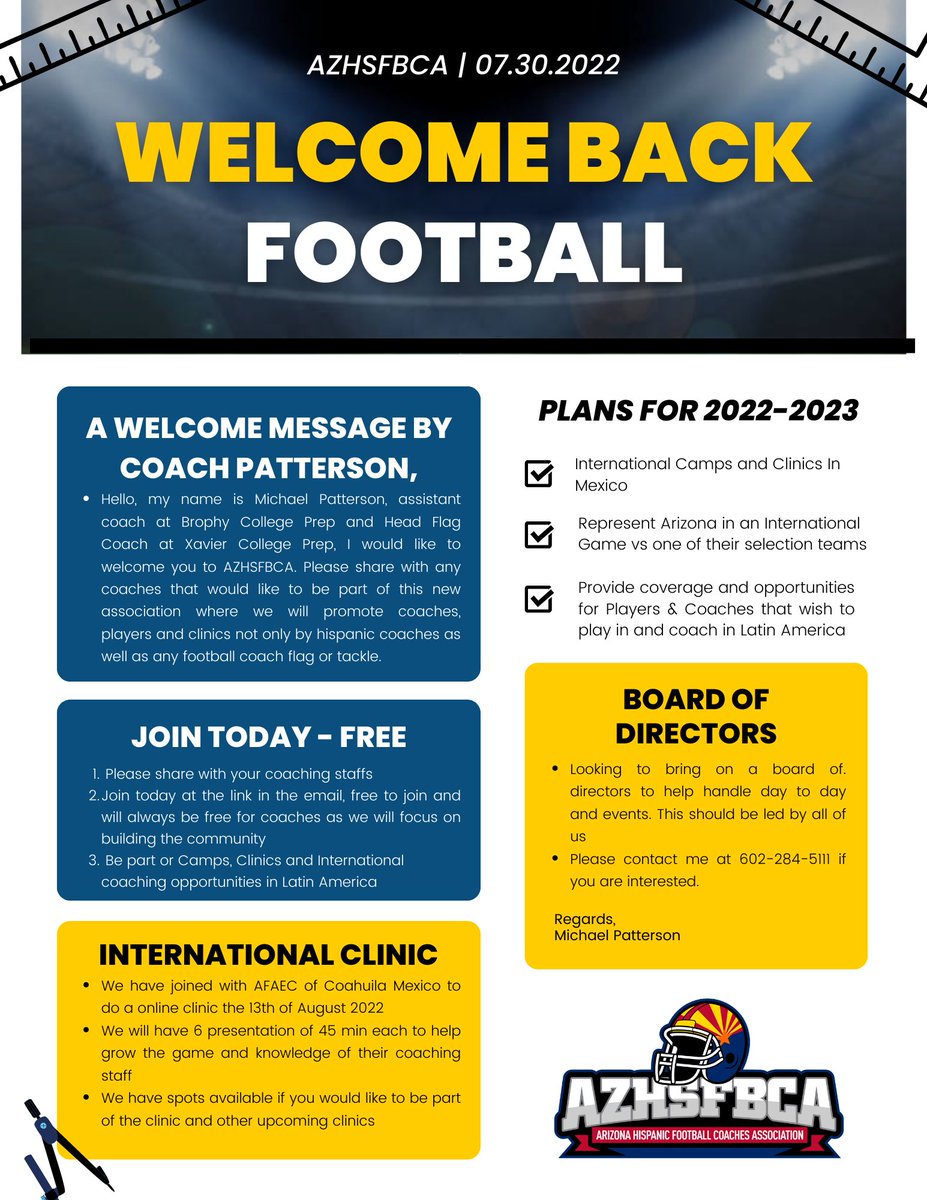 Join  the Arizona Hispanic Coaches Football Association today via the link below.

questions at 602-284-5111 or AZHSFBCA@gmail.com

forms.gle/BsG48uBeJny2mg…