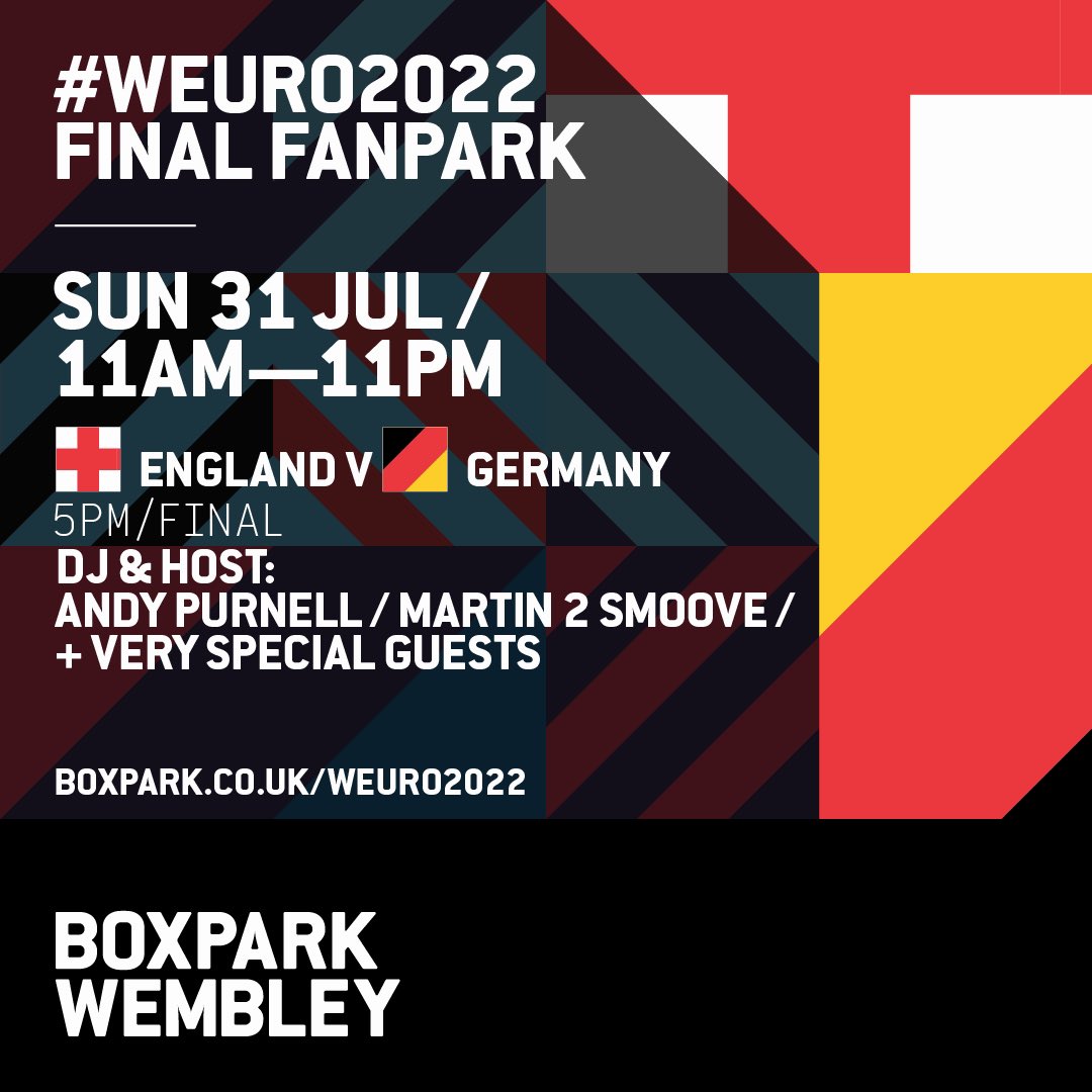 TOMORROW: We are TOO excited to welcome all stadium attendees to our #WEURO2022 Final Fanpark! 🏴󠁧󠁢󠁥󠁮󠁧󠁿
Expect pure fire from <a href="/Martin2Smoove/">Martin 2 Smoove</a> &amp; <a href="/djandypurnell/">Andy Purnell</a> all day plus some very special guests! 👀
WE ARE NOT SCREENING THE GAME!
You must have a match ticket to enter.