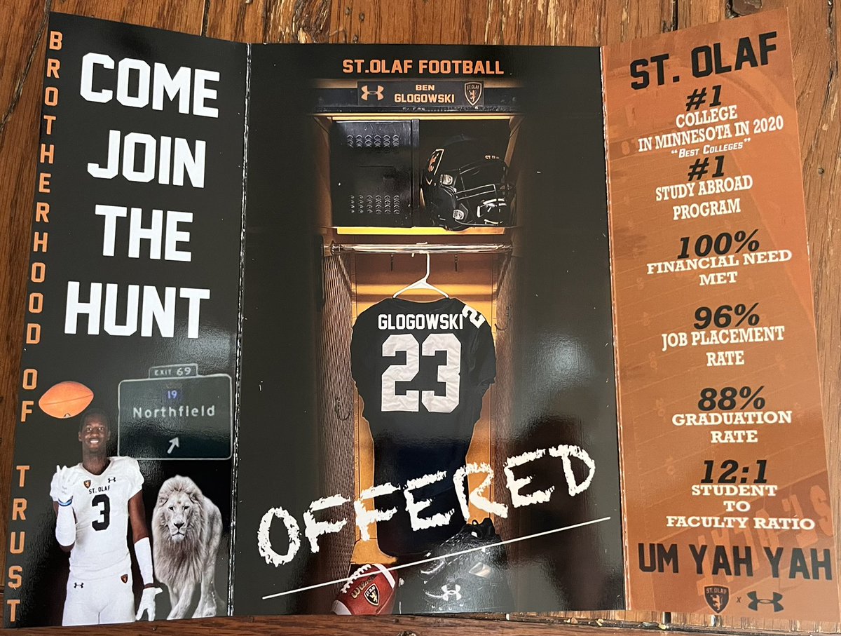 benglo33's tweet photo. Grateful to be offered a roster spot at St Olaf! Appreciate the opportunity to be an Ole! @Coach_Keene @StOlafFB https://t.co/4sWdCbsHzI