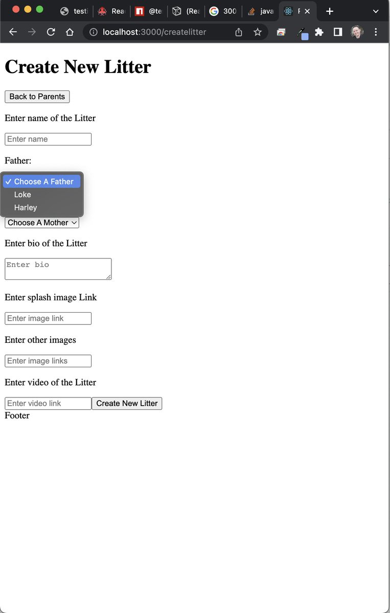ARondinaCodes's tweet photo. Day 41 of #100DaysOfCode:

It WORKS!!! My form successfully relates parents to a litter from the create litter page! It's so easy for the user but took a ton of thinking to make happen! I'm excited because I can expand this for when the user makes puppies too! Woohoo! https://t.co/0YNk9uk4cm