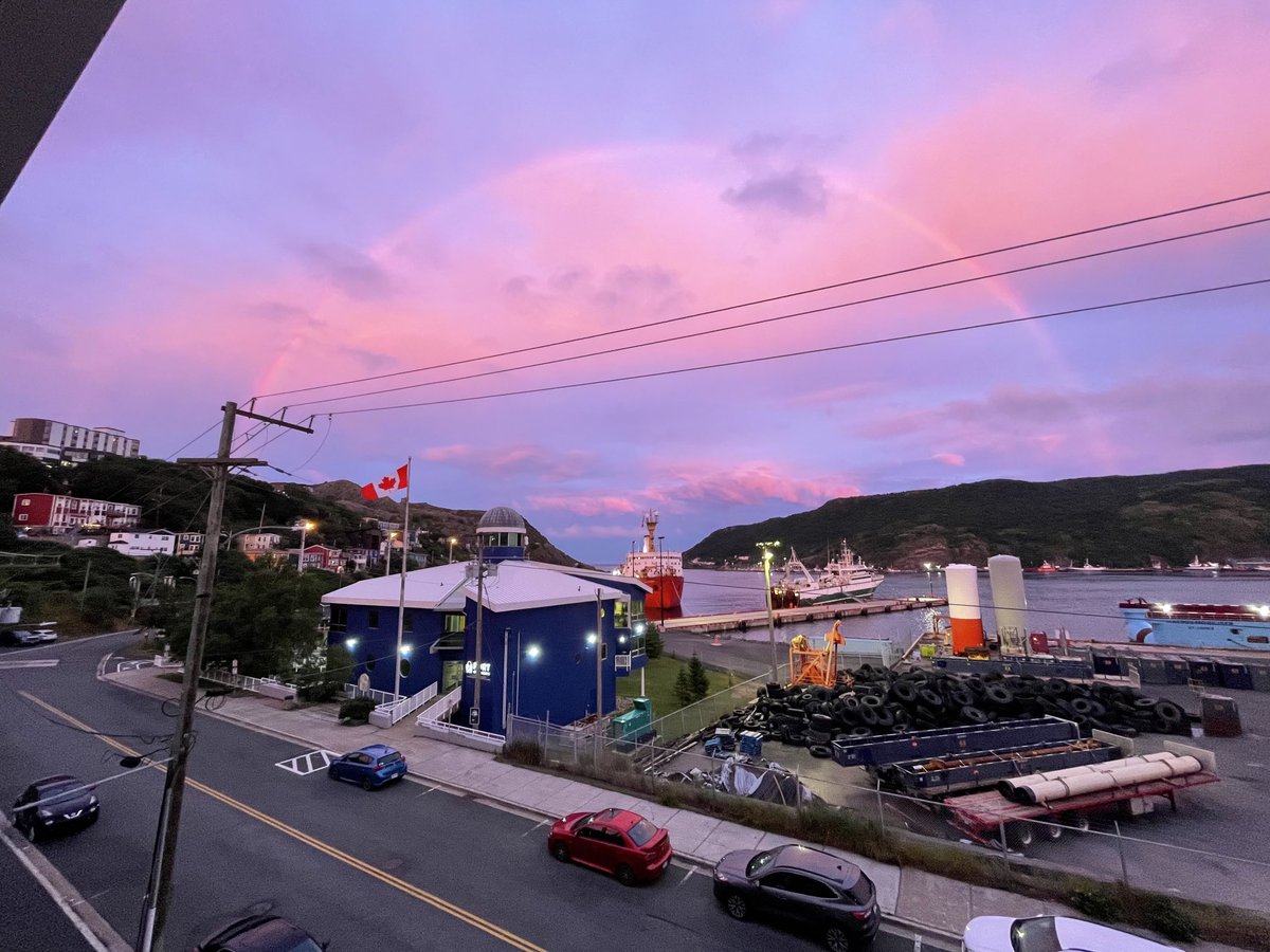 Outstanding clouds at sunset with a full rainbow arcing over the harbour. #YYT #stunningsunset #nlwx