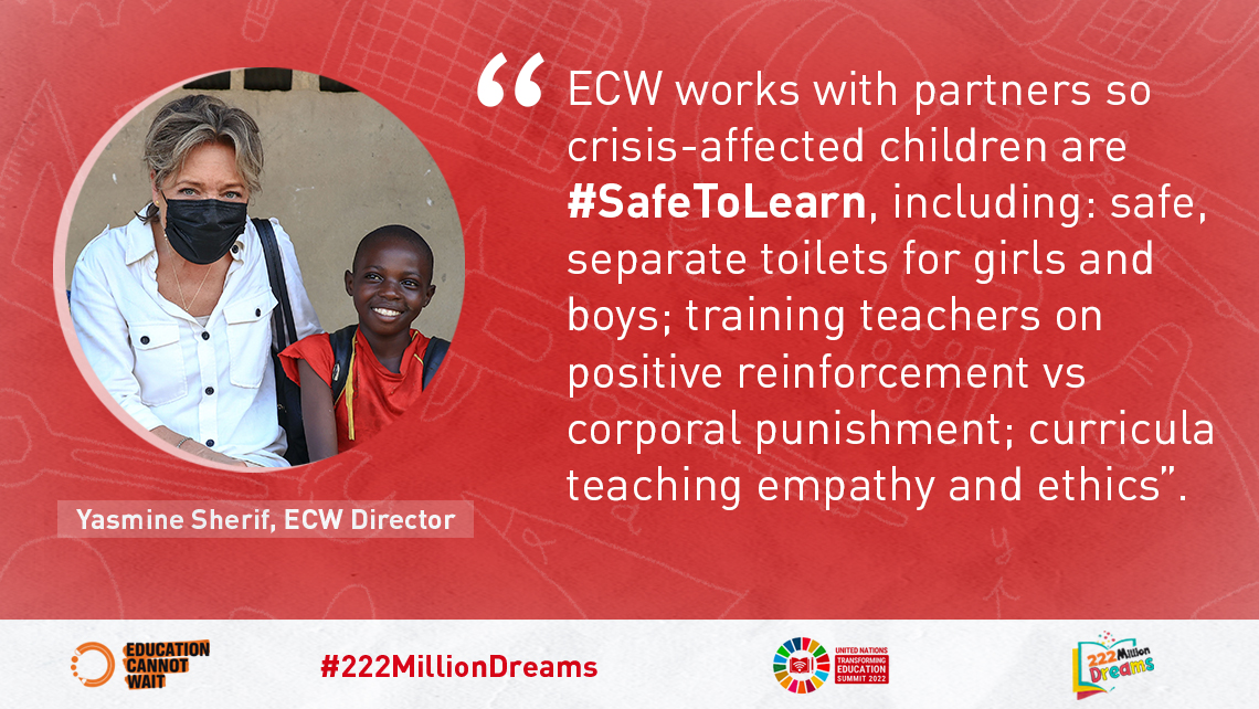 EduCannotWait's tweet photo. “#ECW works with partners so crisis-affected children are #SafeToLearn, incl: safe, separate toilets for girls &amp; boys; training teachers on positive reinforcement vs corporal punishment; curricula teaching empathy &amp; ethics.”~@YasmineSherif1

@TransformingEdu @UN #222MillionDreams https://t.co/wdfAWLXusG