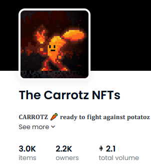 CarrotzNFTs's tweet photo. Thank you to all our soldiers, the war is about to break out. 🫡🥕

Show us your carrotz, prepare your weapons, THE WAR IS NEAR⚔️

#NFTs #Degen #NFTGiveaway #FreeMint #FreeMintAlert https://t.co/BuTKMjJhxV