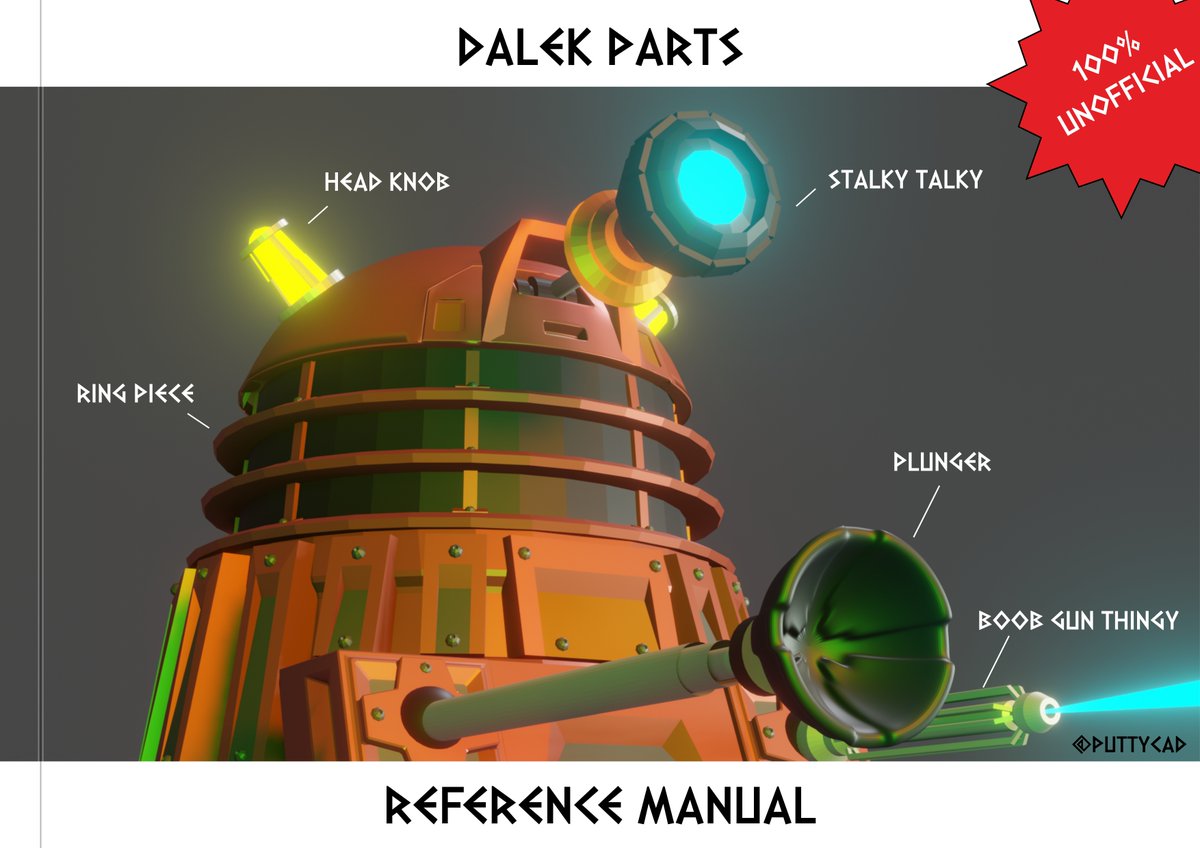 PuttyCAD's tweet photo. Here's the cover for the 100% Unofficial Dalek Parts Reference Manual... #fakecover #daft #dalek #daleks #fanart #100percentunofficial #notarealthing #thingsthatneverhappened #drwho #doctorwho :D https://t.co/NtSW3aUm7j