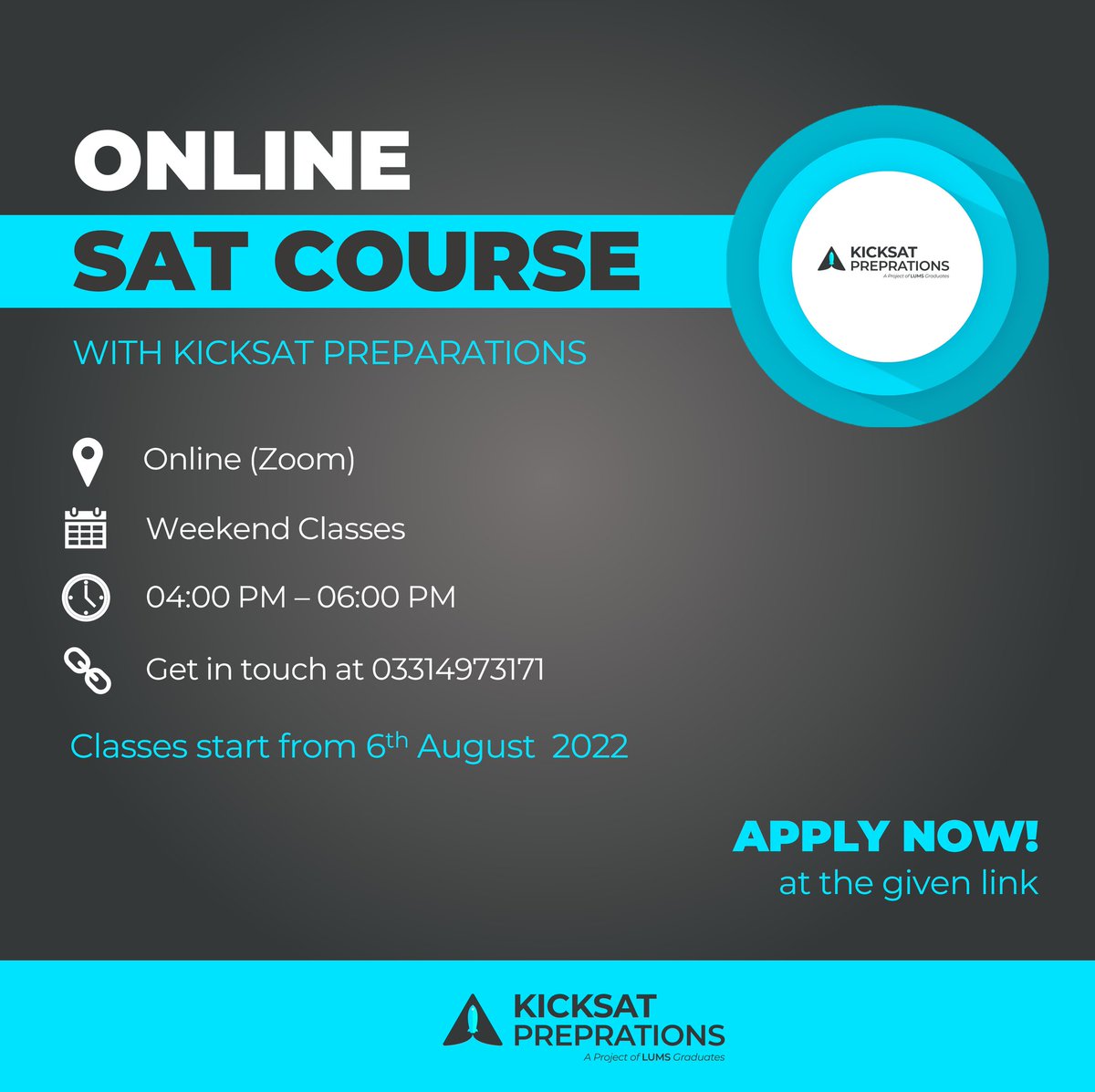 danishkhadani's tweet photo. Online SAT Classes with Kicksat Preparations from 6th August 2022

Need-Based Scholarships are available for deserving students.

For more information and to register: https://t.co/HUosno3vBm

Contact: 03314973171

#satprep #satpreparation #collegeadmissions https://t.co/jblK3yVnk1