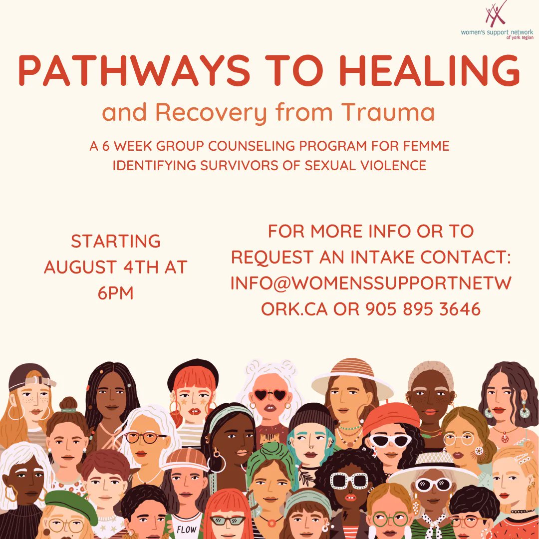The next cohort of our group counseling program starts August 4th at 6PM!  For more information or to request an intake contact info@womenssupportnetwork.ca or 905 895 3646.  #GroupCounseling #Online #Virtual #TraumaRecovery #TraumaCounseling #TraumaInformed #YorkRegion #Femme