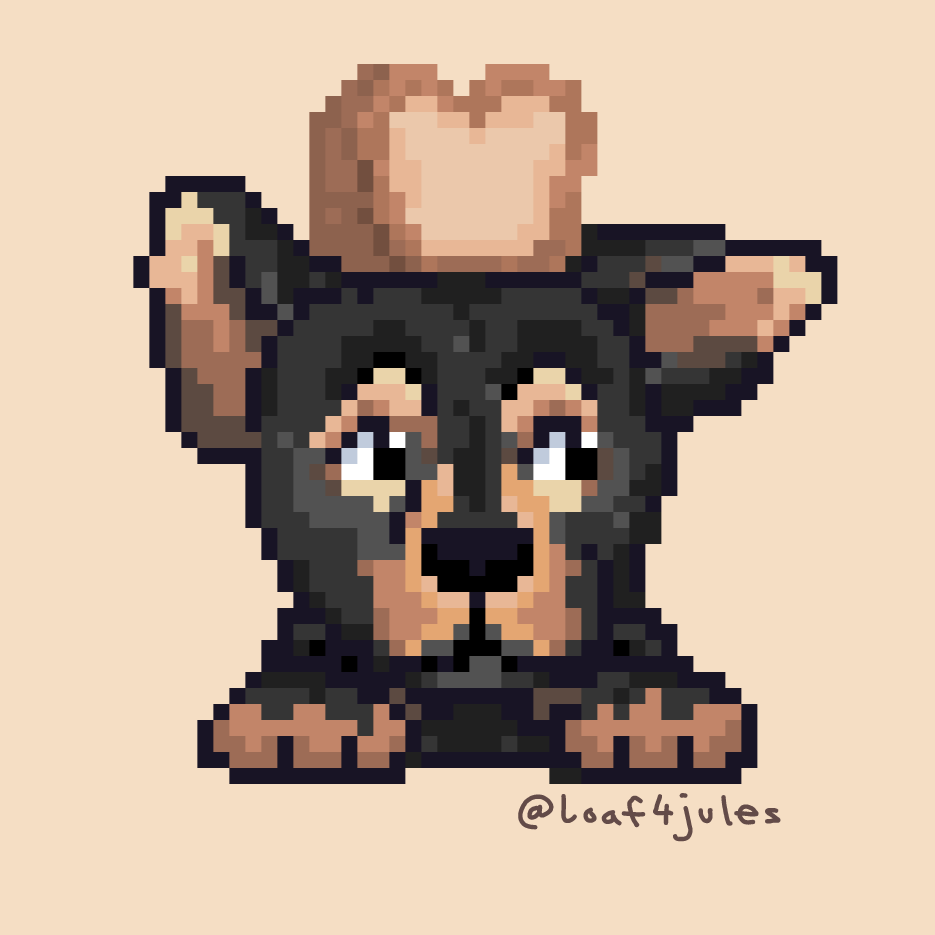 loaf4jules's tweet photo. my doggo with a loaf and a lil chick
life s good🍞🐥
#pixelart #artists https://t.co/3z20XTj1cm