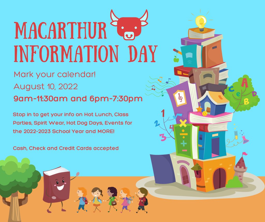 MacArthur Elem. PTA (@macarthurpta) on Twitter photo Attention MacArthur Families! Mark your calendars! August 10th will be our Info Day @ MacArthur. Hours will be 9am-11:30am and 6pm-7:30pm. We can’t wait to see you all there!
*Cash, Check, Zelle and Credit accepted(processing fee for credit purchases) <a href="/mactoros54/">MacArthur International Spanish Academy</a> Attention MacArthur Families! Mark your calendars! August 10th will be our Info Day @ MacArthur. Hours will be 9am-11:30am and 6pm-7:30pm. We can’t wait to see you all there!
*Cash, Check, Zelle and Credit accepted(processing fee for credit purchases) <a href="/mactoros54/">MacArthur International Spanish Academy</a>