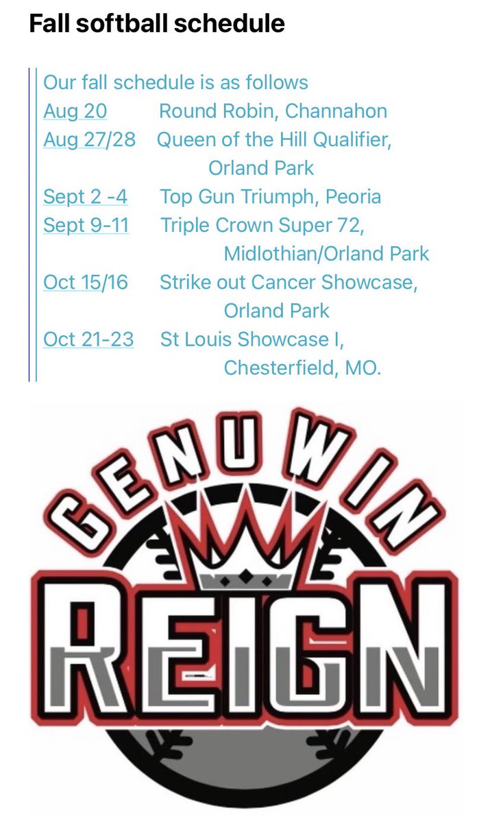 I’m looking forward to this upcoming fall season with a new organization and new group of girls! I am playing for the 16u KW Genuwin Reign team, and I am excited for the challenges and opportunities with this team! 🥎