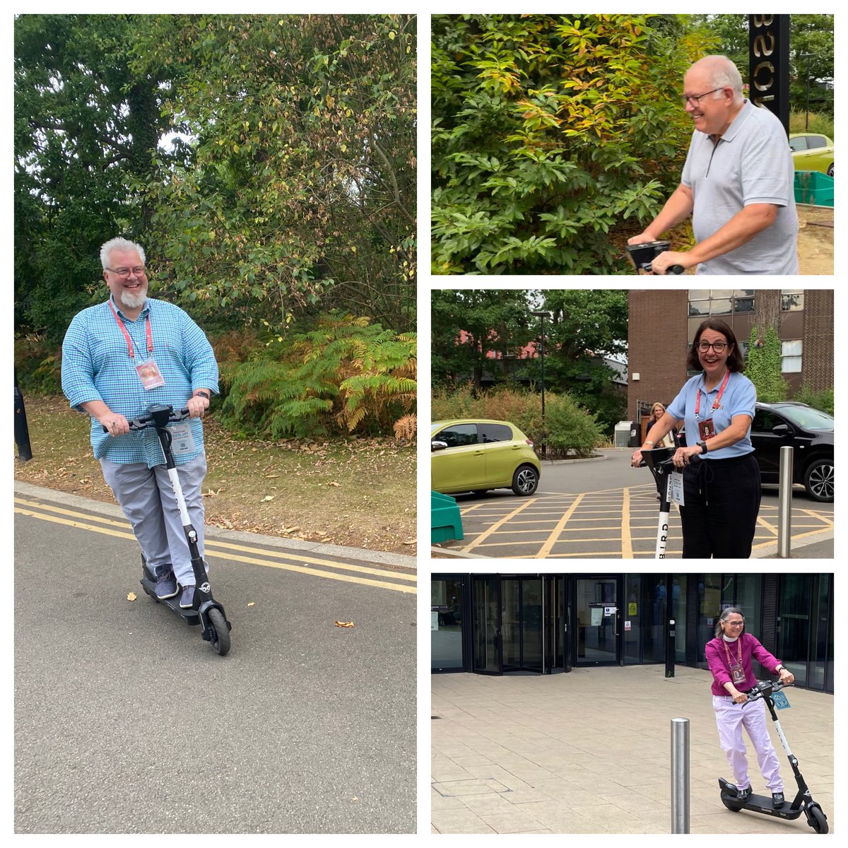 TexasBishop's tweet photo. The afternoon groups are finished. What do bishops do @LambethConf? You ride campus scooters! #bishopsonscooters https://t.co/YR9bBV1ijO