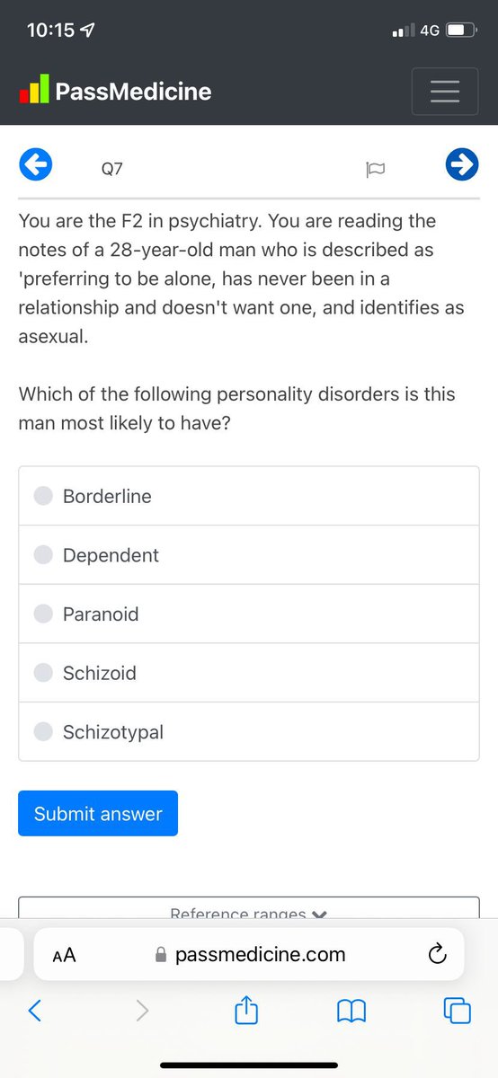 marinadpol's tweet image. A PassMed question shared by a final year friend.
This should not be acceptable. 
Asexuality is not a buzzword to diagnose personality disorders. Sexuality is not something that we should pathologise.
Question banks and #MedEd, do better. Cut out the LGBTQIA+ discrimination.