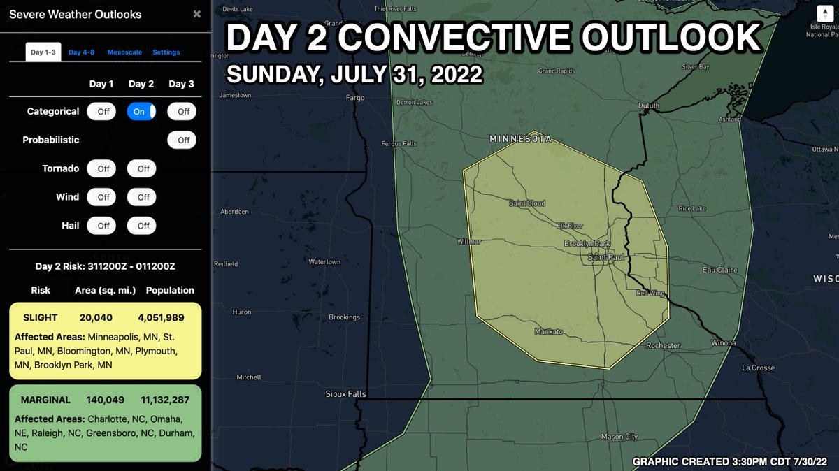 TOMORROW (7/31): There is a SLIGHT risk of severe weather for portions of Minnesota and Wisconsin. Damaging winds and large hail will be possible as conditions appear to be supportive of some initial supercells before storms grow upscale. #MNwx #WIwx https://t.co/MhL1SA0hlP