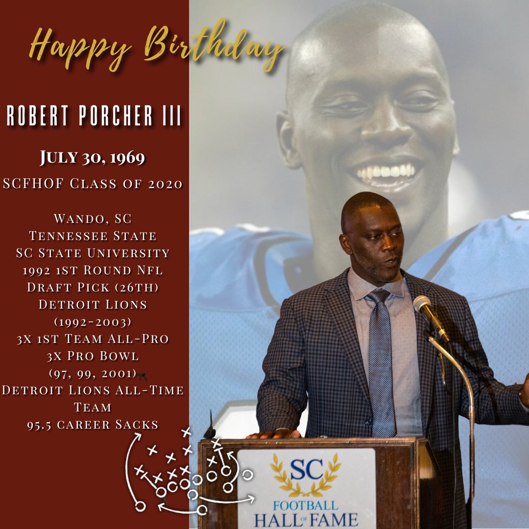 SCFootballHOF's tweet image. Happy Birthday to #SCFHOF20 Inductee &amp;amp; @SCState_Fb &amp;amp; @Lions legend Robert Porcher III! #HBD #Wando 
scfootballhof.org/inductees/indu…