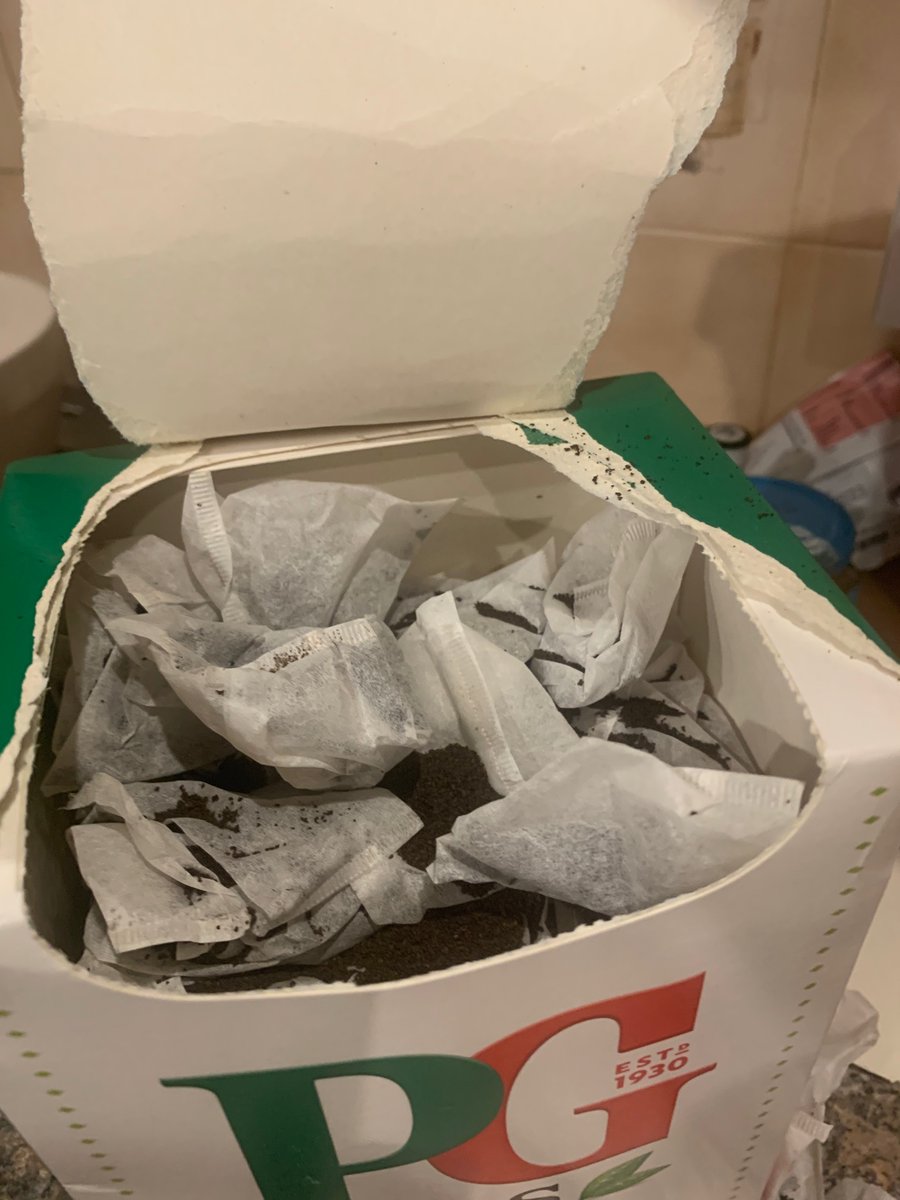 ESpellor's tweet photo. What is this @PGtips ?? Popped open a box ready for a comforting brew on holiday, only to discover that the bag I had placed my mug had not been sealed, thus spilling tea leaves into the water. To my horror, I then discovered that the majority of the other bags are also faulty! https://t.co/2b8OybFlL7