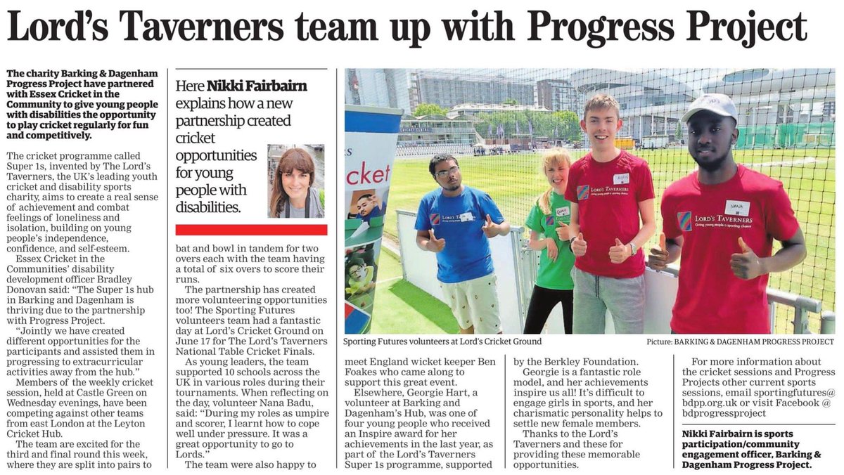 BD Progress Project (@bdprogresspro) on Twitter photo Have you seen our article in this week's Barking & Dagenham Post? ๐
A massive thank you to the Lordโs Taverners and Essex Cricket in the Community for providing these memorable opportunities. ๐๐๐
<a href="/LordsTaverners/">Lord's Taverners</a> <a href="/EssexCCB/">Essex Cricket in the Community</a> #super1s #cricket #thankyou #opportunities Have you seen our article in this week's Barking & Dagenham Post? ๐
A massive thank you to the Lordโs Taverners and Essex Cricket in the Community for providing these memorable opportunities. ๐๐๐
<a href="/LordsTaverners/">Lord's Taverners</a> <a href="/EssexCCB/">Essex Cricket in the Community</a> #super1s #cricket #thankyou #opportunities
