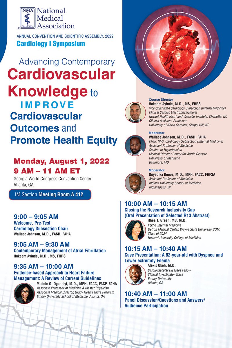 ABCardio1's tweet photo. #NMA2022ATL itinerary suggestion #2 of 4 👇🏾
Cardiology I Symposium: "Advancing Contemporary CV Knowledge to Improve CV Outcomes & Promote Health Equity" w #ABCardioMembers @naijaQRS @aheartdoc @OkohMd & @modeldoc along w Dr. Wallace Johnson & @RheaGreenMD1 on Mon Aug 1 @ 9AM ET https://t.co/q3XQRJD8LP