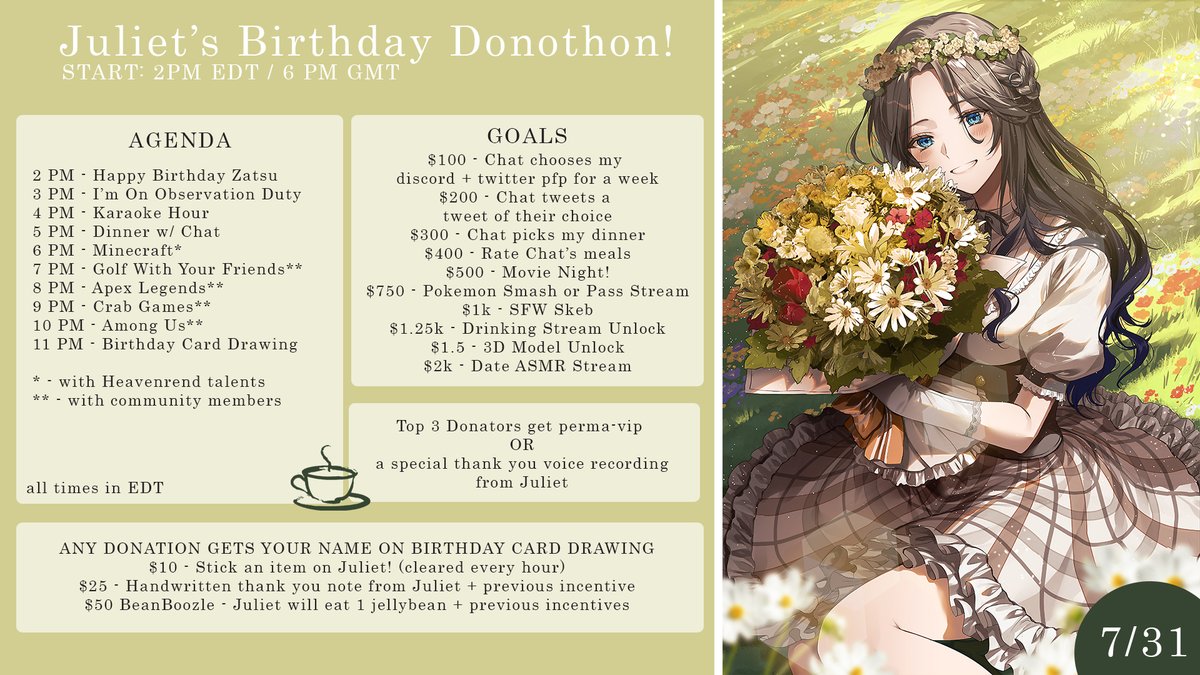 JuIietWinters's tweet image. Birthday schedule for tomorrow!! All donations will go to upgrading my PC + quality of life upgrades! I hope to see you guys there 🤍
