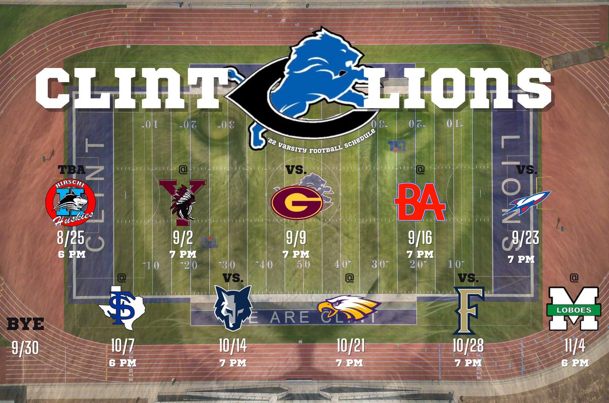lions_clint's tweet photo. Our 2022 Varsity Football Schedule! Special thanks to @bridget_arm for making this for us! Go Lions! https://t.co/6rlgLBTDzj