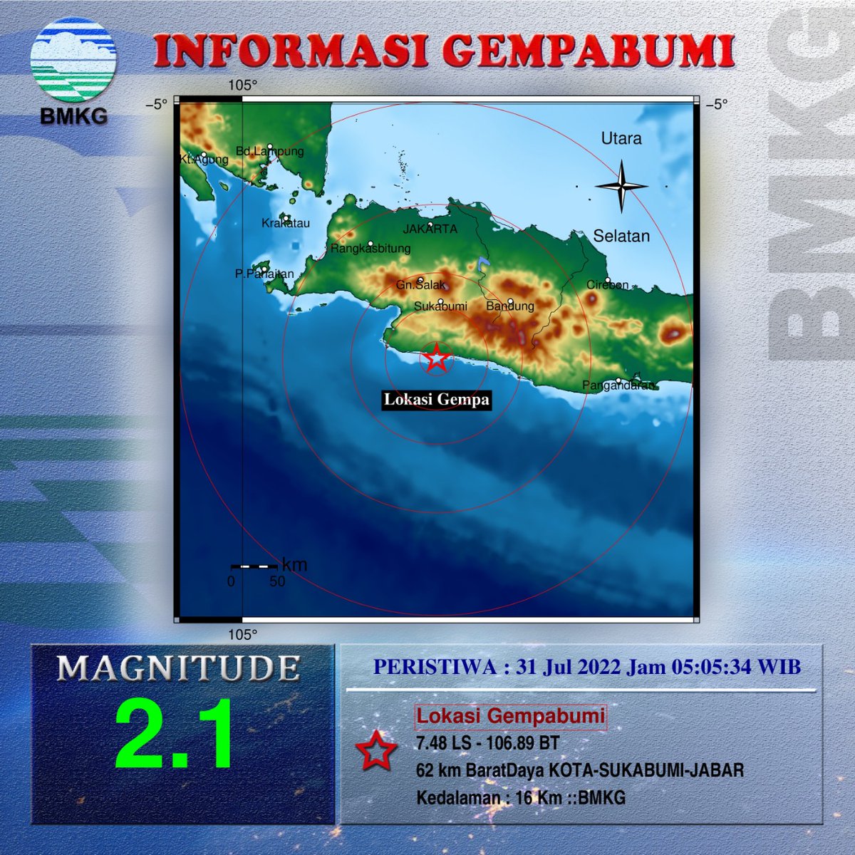 Info Gempa Mag:2.1, 31-Jul-22 05:05:34 WIB, Lok:7.48 LS - 106.89 BT (62 km BaratDaya KOTA-SUKABUMI-JABAR), Kedlmn: 16 Km ::BMKG