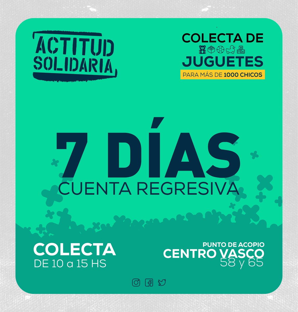 ActSolidaria's tweet image. Cuenta regresiva 😍
Este sábado 6 de agosto, continúa la 8va colecta anual de Actitud Solidaria 🙌🏼
👉🏼 Luego de la jornada del 18 de junio, nos volvemos a encontrar en el Centro Vasco, en ACTITUD JUGAR 🧸⚽️.
🤩 Te esperamos con tus donaciones de juguetes nuevos o usados👏🏼❤