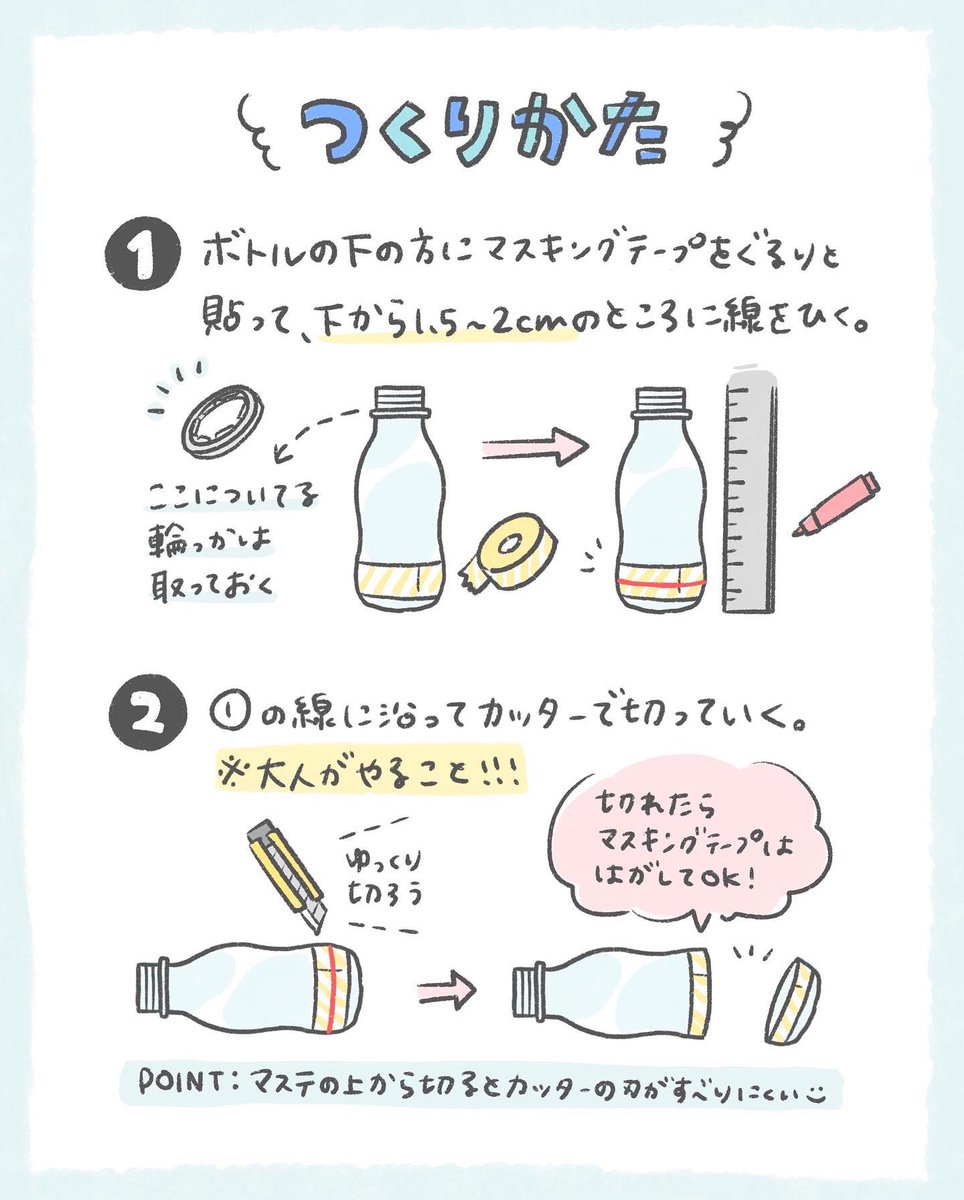 「ミニ水中めがね」2/3

ボトル1個の片目ver、ボトル2つの両目ver。どちらをつくるかはお好みで👀
使わない時に蓋を閉めておけば、首などにかけて水に浸かっても中が濡れないのもいいところ。

#むの手作りおもちゃ 