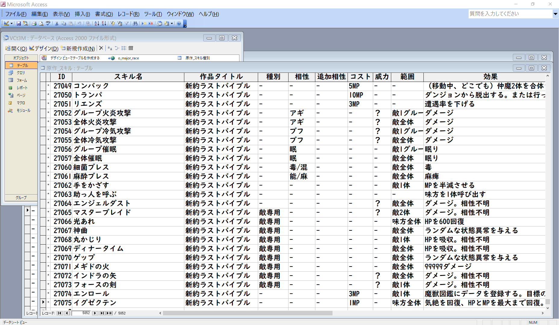 カエルさま狂徒 女神転生外伝 新約ラストバイブル 女神転生 悪魔 スキル データベース へ登録作業中 Access03がフル稼働 魔法と特殊攻撃のデータ入力が完了 魔獣データも今日中に終わるはず 攻略本がないので相性などが不明なものが多い