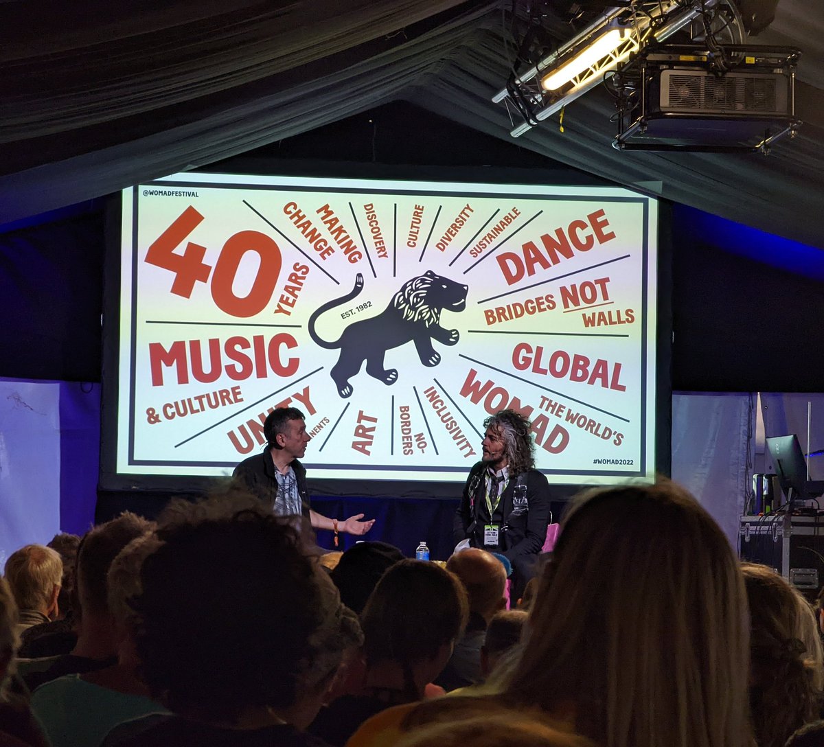 claranellist's tweet photo. To close today, we had a fantastic conversation between Wayne Coyne from @theflaminglips and Prof Jon Butterworth about how music provides a sound track for our lives, but is rooted in science. #WorldOfScience #WOMAD2022 https://t.co/zpWbTKi5fv