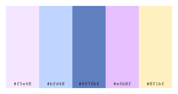ColPaletteBot's tweet photo. Beep beep, here's a pretty color palette for you!
color-scheme.js parameters used:
- hue: 86
- variation: light
- colors: #f5e6ff, #bfd4ff, #607fbf, #e6bfff, #fff1bf
Have a lovely evening!
#twitterbot #colorpalette #colors #palette #prettycolors https://t.co/o89WFq4ANS