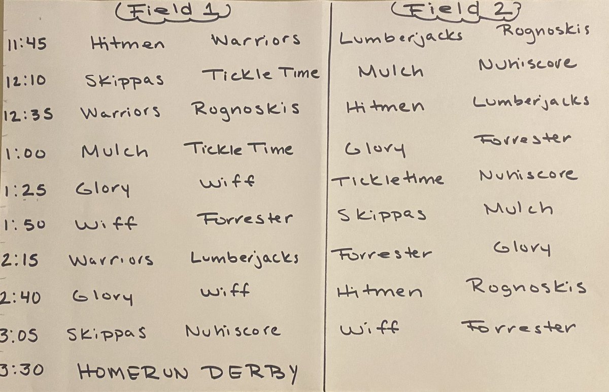 Josh Honebrink Wiffle Ball tournament Pool Play Schedule for tomorrow 🧡🧡🧡