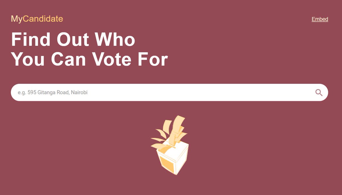 #MyCandidateKE let's you find out who you can vote for in one click. Search for any location in Kenya and the names of the different aspirants will appear.

Find out who you can vote for here👇🏿

mycandidate-kenya.opencitieslab.org
