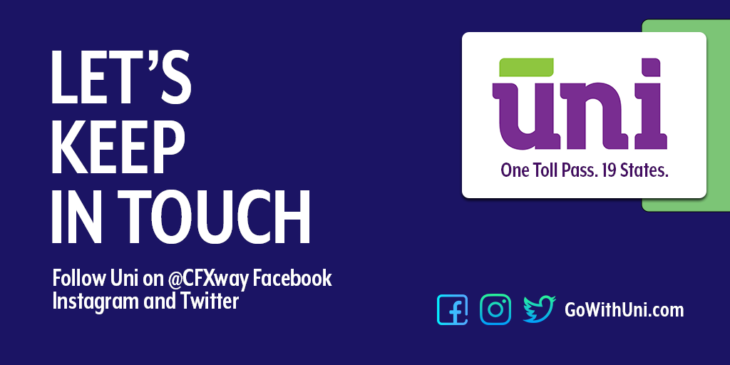 GoWithUni's tweet image. Thanks for following @GoWithUni on Twitter. This page is no longer active. 

Please follow @CFXway on Instagram, Facebook &amp;amp; Twitter for updates on the 19-state Uni Toll Pass, other E-PASS Products and agency news. 

Order Uni at GoWithUni.com or #Amazon.