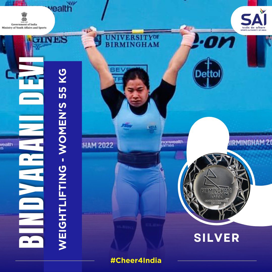 Please Join me to Congratulate to #BindyaraniDevi on winning the Silver medal in #Weightlifting at #CWG2022.

Keep Shining &amp; Keep Winning Champion!!!

#CommonwealthGames2022 #Cheer4India
#IndiaTaiyaarHai
#India4CWG2022
#CWG2022India