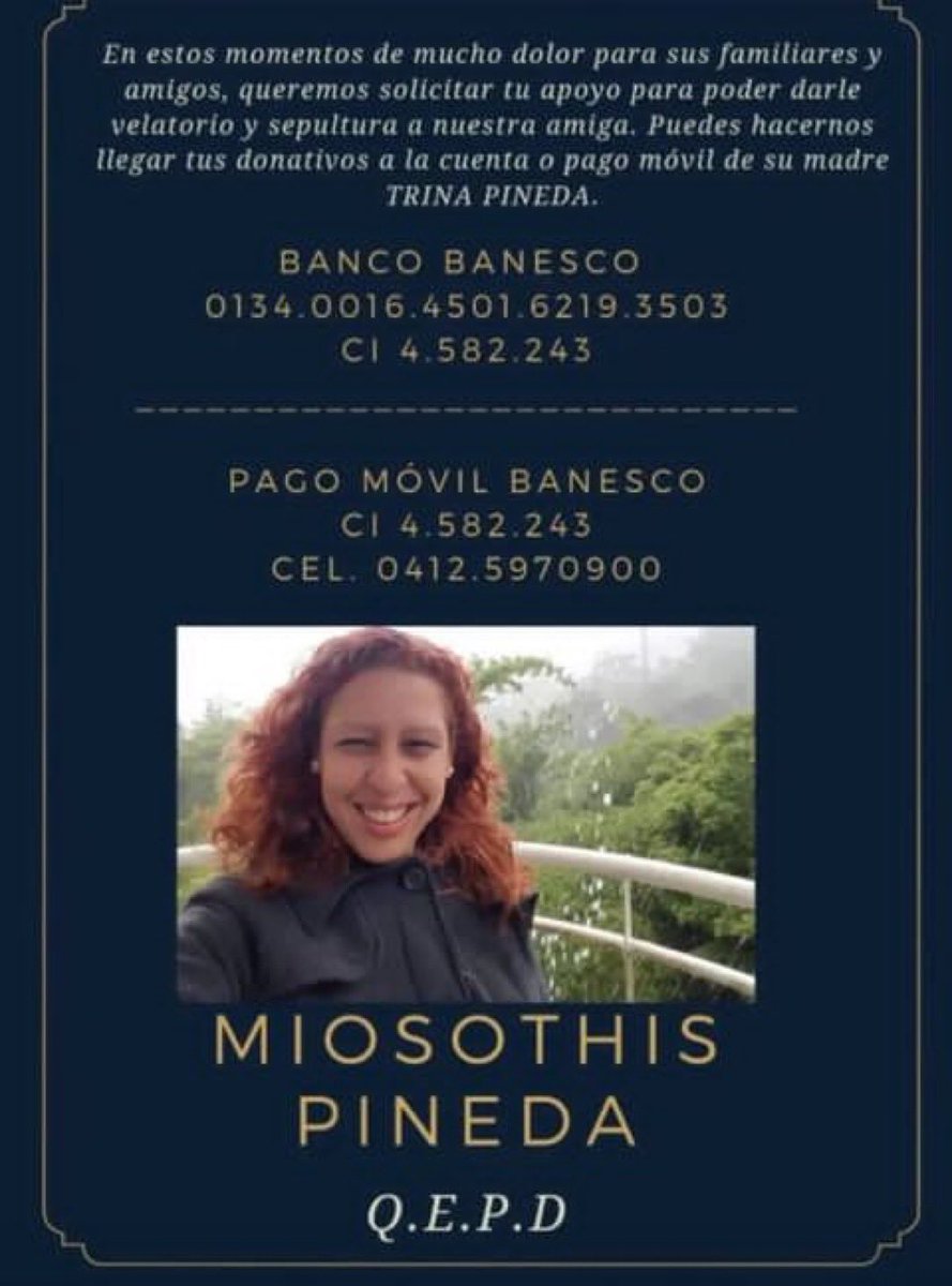 Lamento anunciar la pérdida física de nuestra querida y apreciada Miosothis Pineda, que Dios la tenga en el cielo, eso sí, con una Consola de Iluminación, para que siga disfrutando de su admirable profesión - En estos momentos sus familiares necesitan de nuestro apoyo ! Q.E.P.D