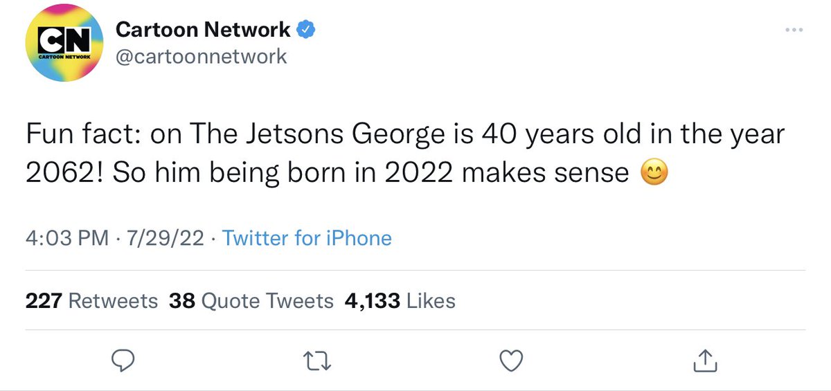 On this day, George Jetson is born. (July 31st, 2022)

Cartoon Network explains why: “on The Jetsons George is 40 years old in the year 2062! So him being born in 2022 makes sense 😊”.
#CartoonNetwork #TheJetsons #HannaBarbera