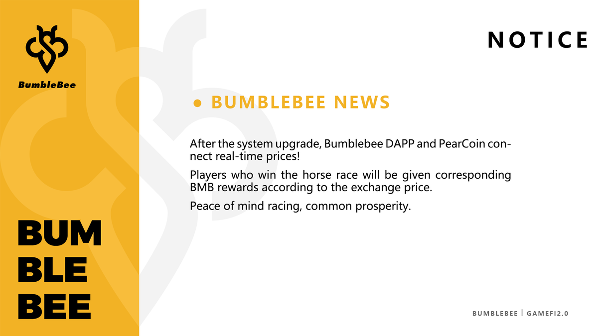 _0BumbleBee_0's tweet photo. 🚨
After the system upgrade, Bumblebee DAPP and PearCoin connect real-time prices‼️

Players who win the horse race will be given corresponding BMB rewards according to the exchange price.💰#BMB https://t.co/VwOy7ffjl2