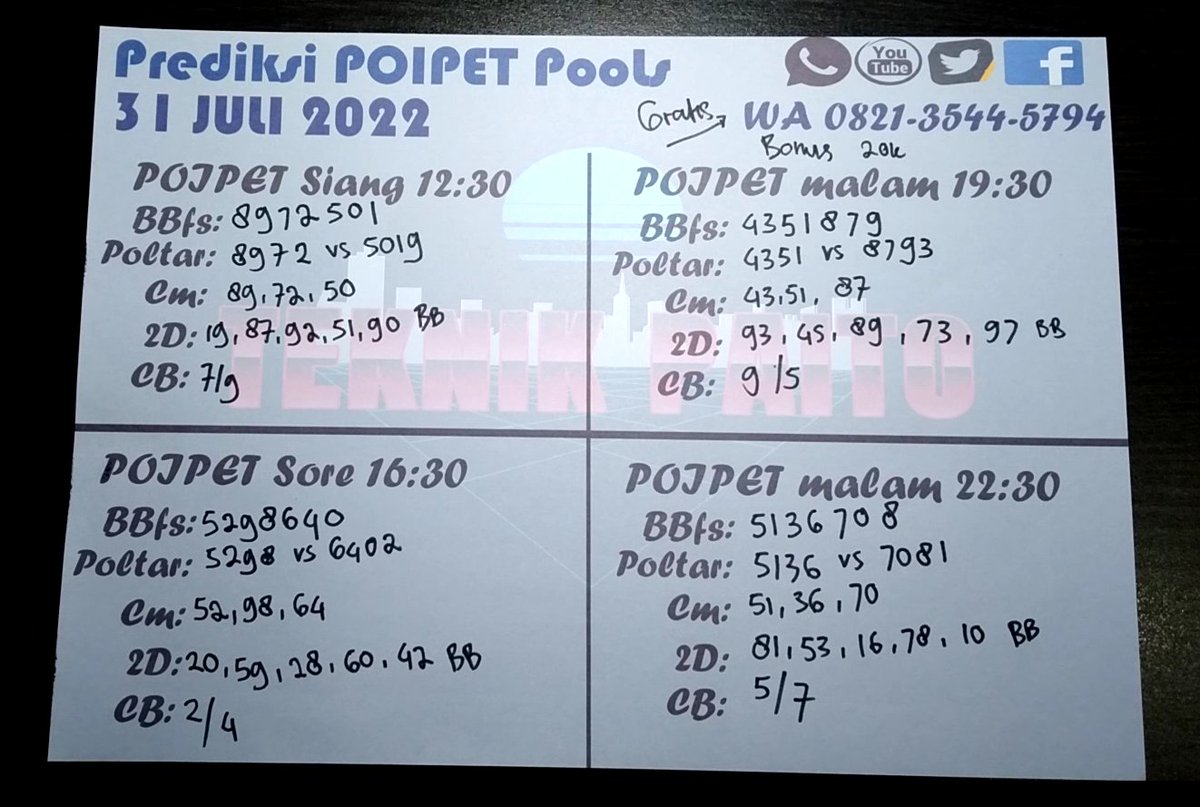 PaitoTeknik's tweet photo. PREDIKSI ANGKA TOP PAITO POIPET POOLS EDISI MINGGU 31 JULI 2022 | BOCORAN TOGEL POOLS POIPET HARI INI | RUMUS POOLS POIPET TEKNIK PAITO ANGKA JITU
#prediksipoipethariini
#prediksipoipetpools
#prediksirumuspoipetpolharini
#angkajitupoipethariini https://t.co/gMulR3bFjP