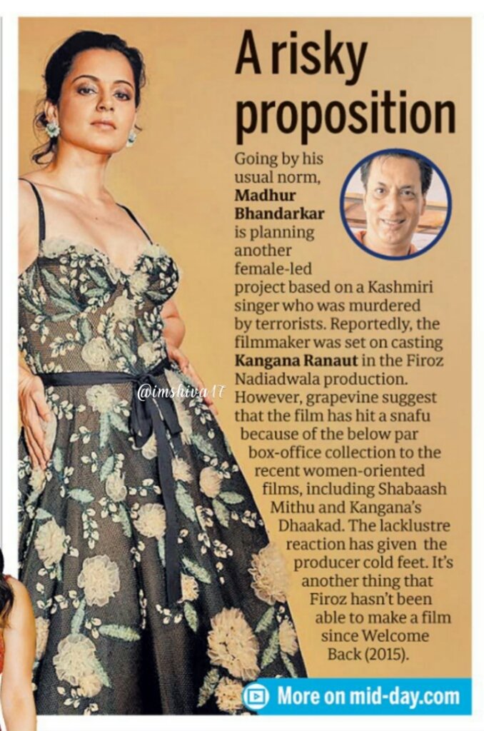 Going by his usual norm,
#MadhurBhandarkar is planning
another female-led project based
on Kashmiri singer who was
murdered by terrorists. Reportedly,
the filmmaker was set on casting
#KanganaRanaut in the 
Firoz Nadiadwala production.