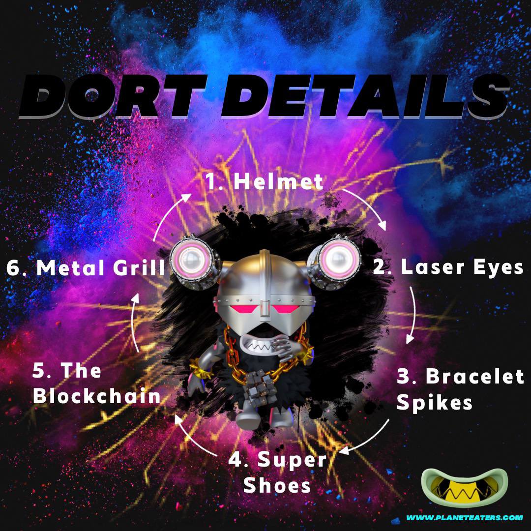 PlanetEatersNFT's tweet photo. What’s up #PlanetEaters fam? This week is all about getting to know more about #Dort! 

He’s always got #swag🔥 but there’s more to his look! Below are the Dort Details ⬇️! Which do you think is the most dangerous ?! 

❤️, ♻️, + tag 3 friends to get the word out about #Dort https://t.co/moqIPnyxud