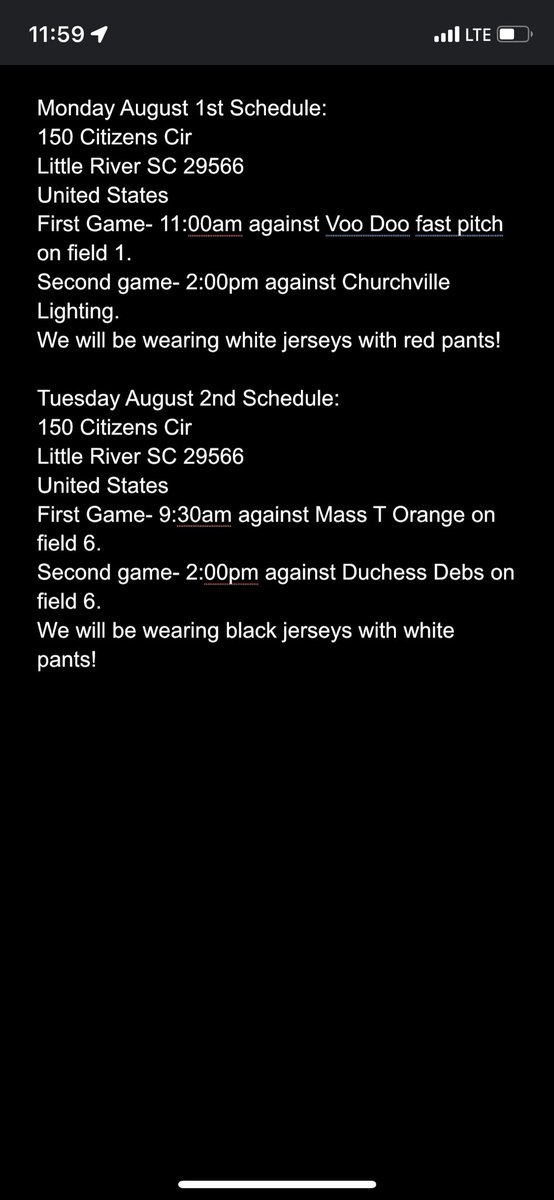 SARAH DEVILBISS (@softballer107) on Twitter photo Here is my Schedule for Monday and Tuesday if the WFC World Series in Myrtle Beach!! <a href="/SoftballHcc/">Highland CC Softball</a> <a href="/daniellepenner/">Danielle Penner</a> <a href="/coach_kgreen/">Kelley Green</a> <a href="/GC_SoftballTeam/">Georgetown College Softball</a> <a href="/GillisFastpitch/">Doug Gillis</a> <a href="/PackSoftball/">NC State Softball</a> <a href="/CoachLarissaA/">Larissa Anderson</a> <a href="/GamecockSoftbll/">South Carolina Softball</a> @scsbcoach_bev <a href="/PennStateSB/">Penn State Softball</a> Here is my Schedule for Monday and Tuesday if the WFC World Series in Myrtle Beach!! <a href="/SoftballHcc/">Highland CC Softball</a> <a href="/daniellepenner/">Danielle Penner</a> <a href="/coach_kgreen/">Kelley Green</a> <a href="/GC_SoftballTeam/">Georgetown College Softball</a> <a href="/GillisFastpitch/">Doug Gillis</a> <a href="/PackSoftball/">NC State Softball</a> <a href="/CoachLarissaA/">Larissa Anderson</a> <a href="/GamecockSoftbll/">South Carolina Softball</a> @scsbcoach_bev <a href="/PennStateSB/">Penn State Softball</a>