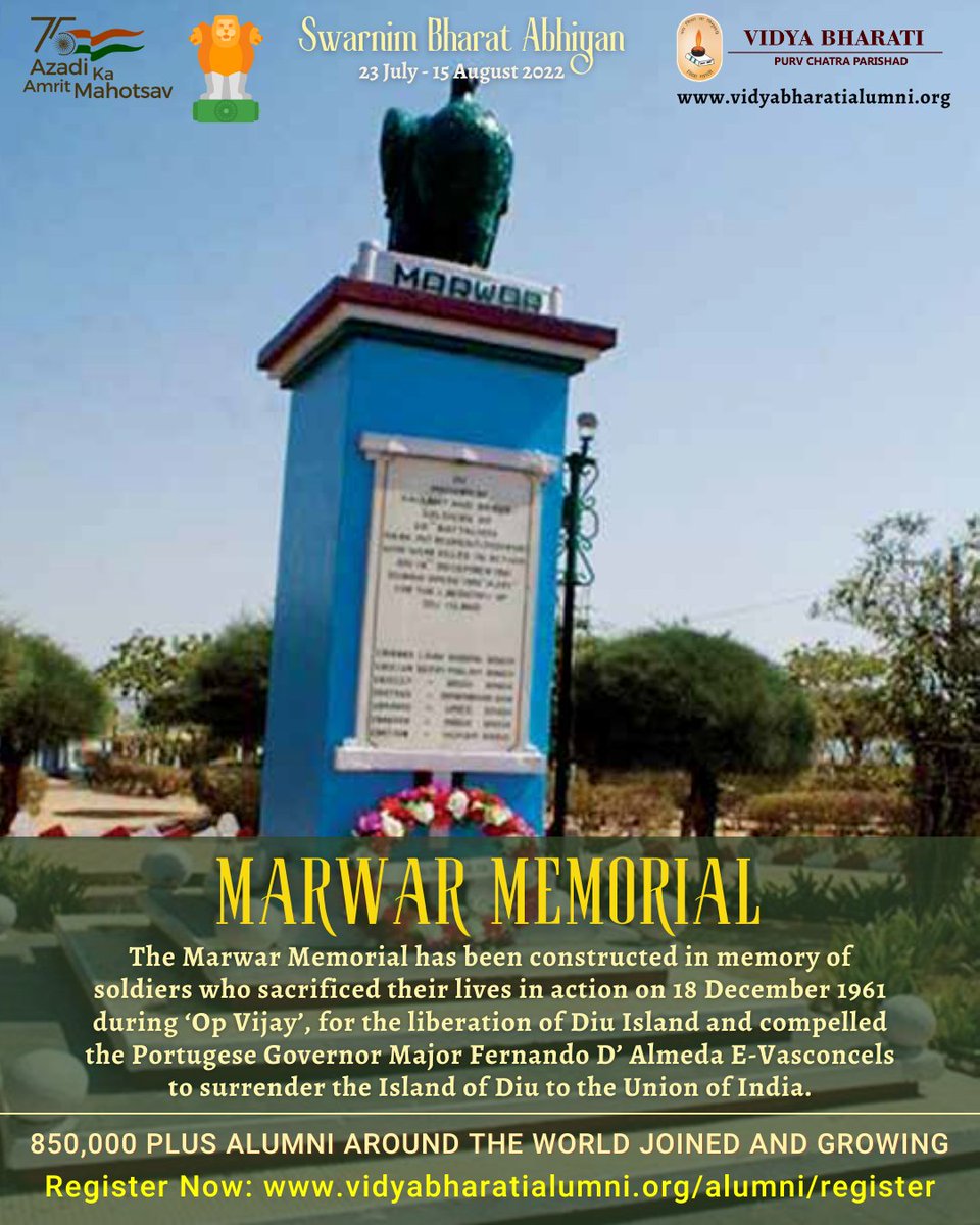 vbpurvchatra's tweet photo. 'Azadi Ka Amrit Mahotsav'
एक देश, एक भाव, एक पहचान हमारी
#VBAlumni urges you to visit Marwar War Memorials with your friends and family.
#alumni #Bharat #India #MySchoolMyPride #vbpurvchatra #amritmahotsav #SwarnimBharatAbhiyan #AlumniRegistration #HarGharTiranga #WarMemorial https://t.co/p9GLB33xIS