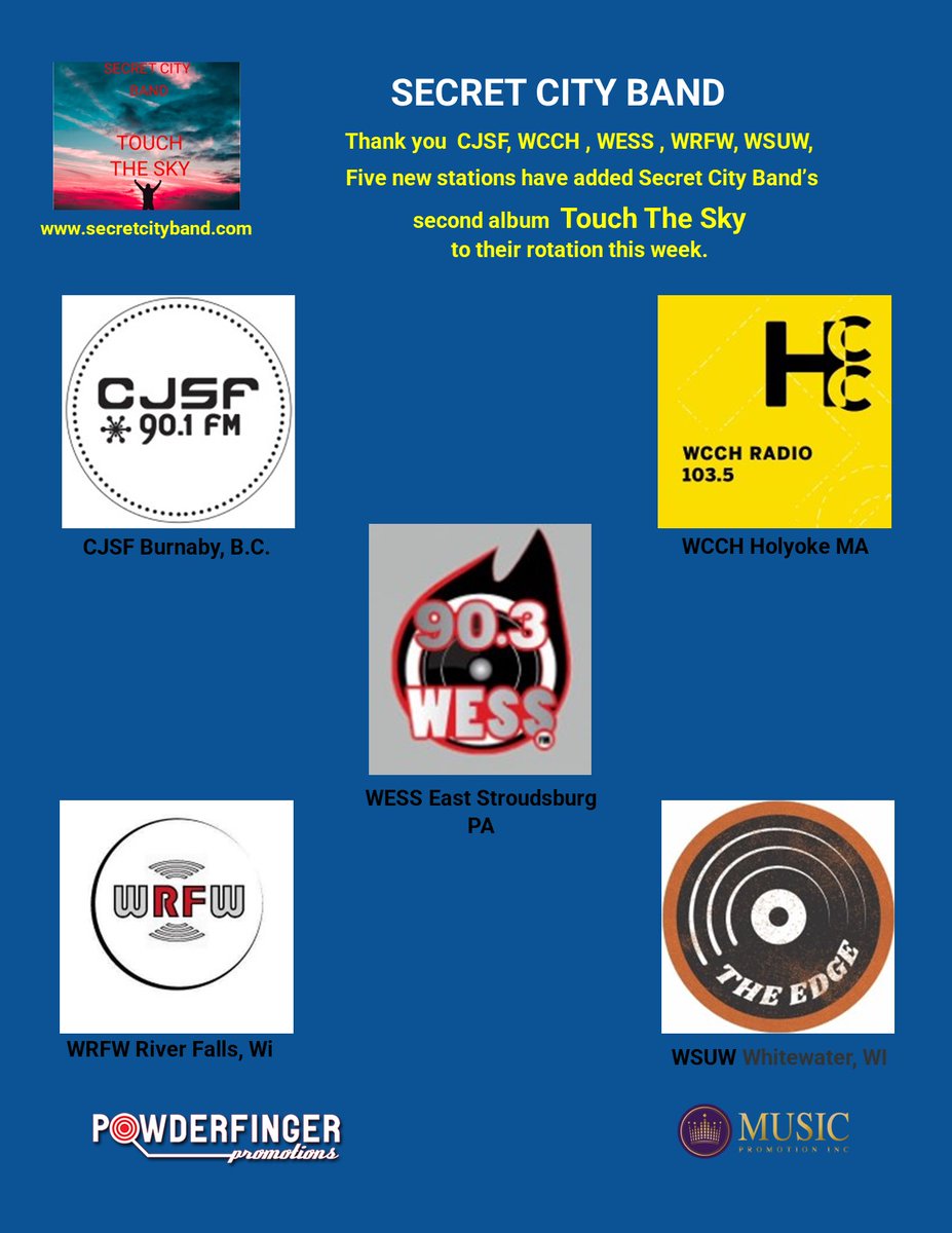 Week eight gives us five more radio stations playing songs from our second album "Touch The Sky". Touch The Sky is available on all of the streaming sites. THANK YOU one and all! secretcityband.com